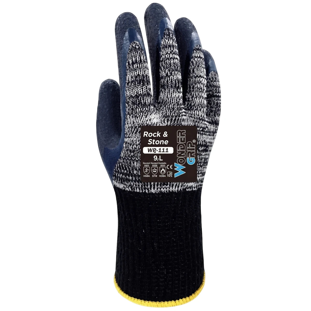 Wonder Grip Rock & Stone work glove, size L, featuring blue fingertips, a grey and black knit back, and a black ribbed cuff.