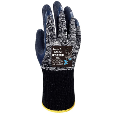 Wonder Grip Rock & Stone work glove, size L, featuring blue fingertips, a grey and black knit back, and a black ribbed cuff.