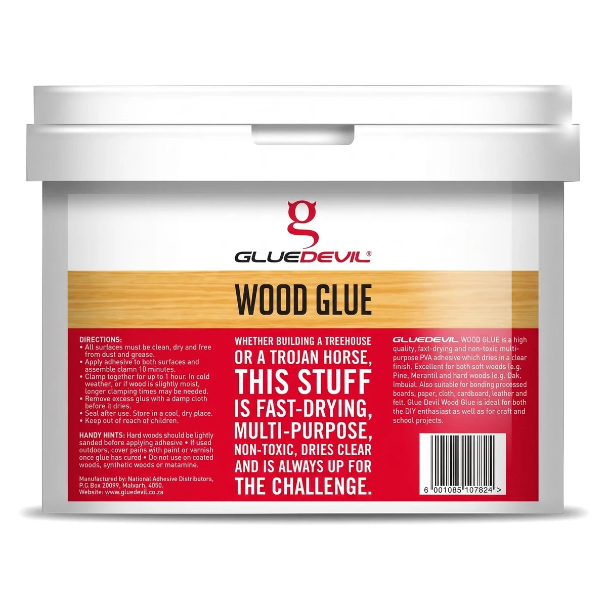 White GlueDevil Wood Glue bucket, 25L, featuring a red and wood-grain label with product details and branding, captured in