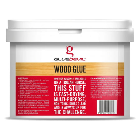 White GlueDevil Wood Glue bucket, 25L, featuring a red and wood-grain label with product details and branding, captured in