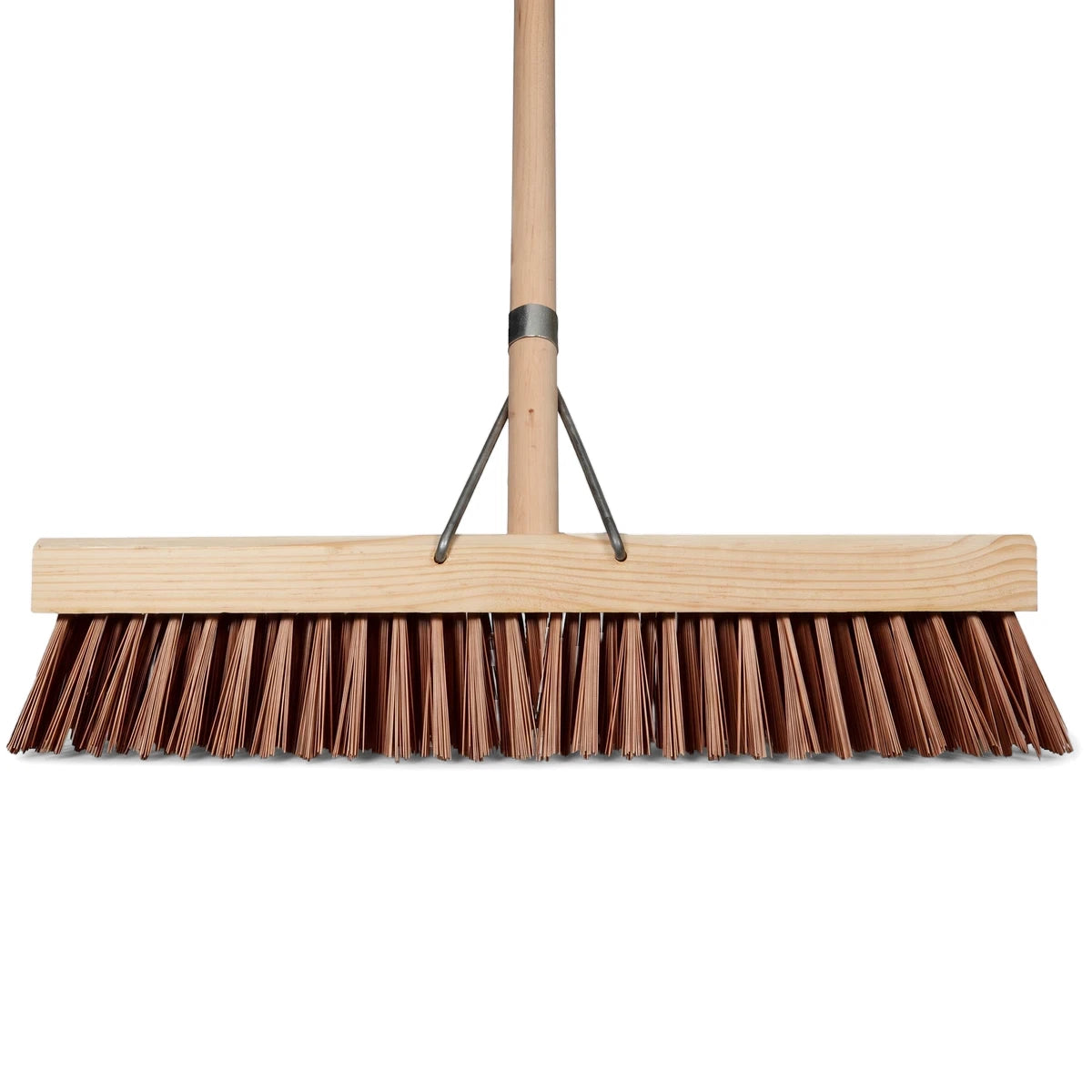 Front view of a brown flagged broom with a light wooden head and handle, designed for sweeping various surfaces.