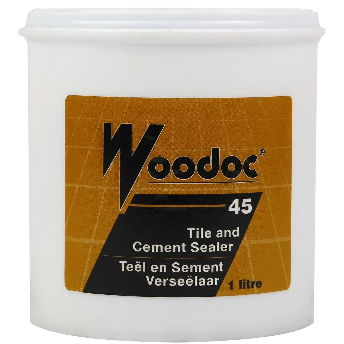 Woodoc 45 1L Tile and Cement Sealer in a white plastic tub with a brown and black label, standing upright.