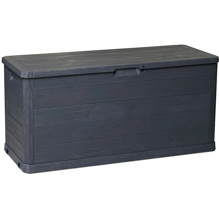Dark grey Woodys Outdoor Storage Box, 280-liter capacity, featuring a wood-grain texture and a rectangular design.