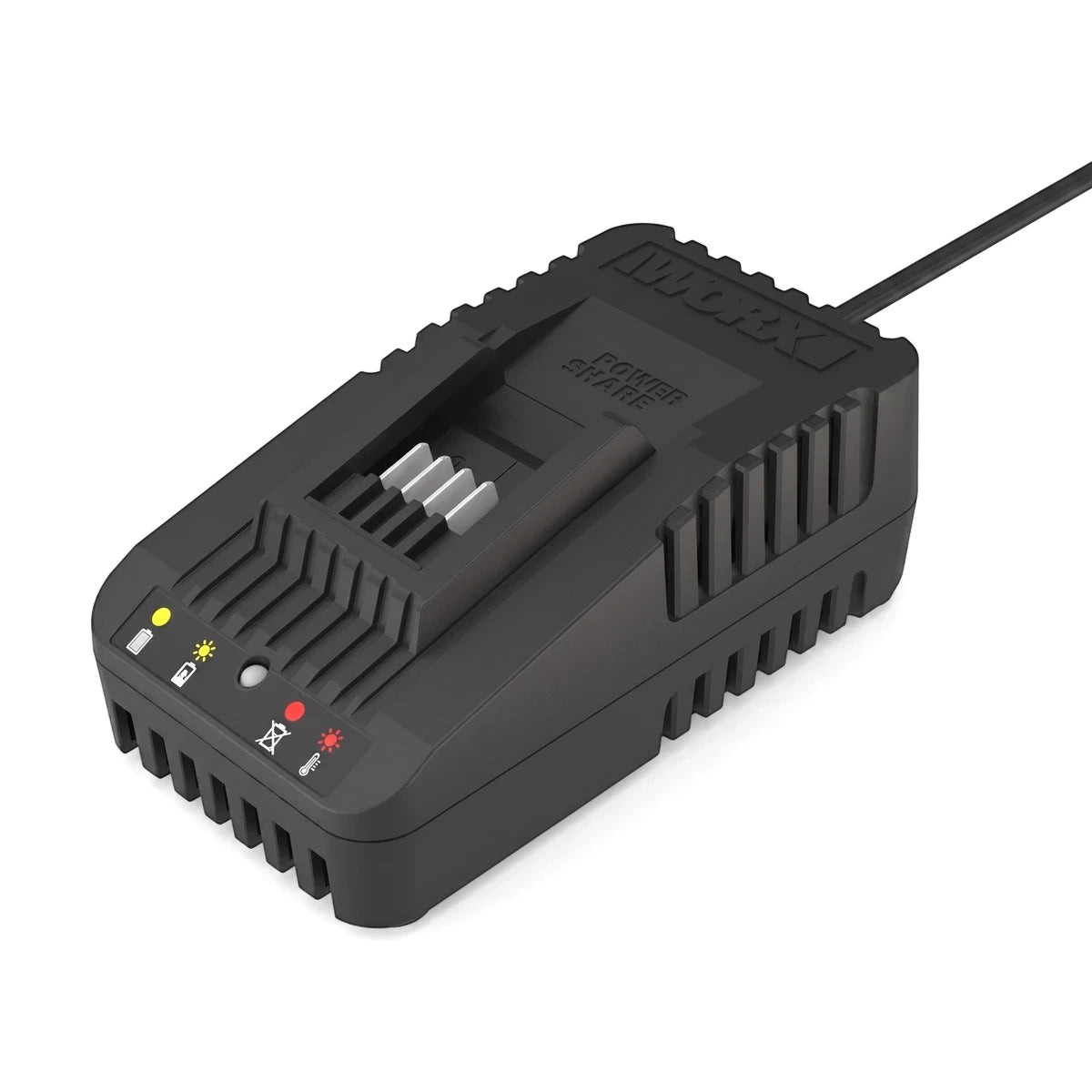Black WORX 20V Powershare cordless battery charger for power tools, featuring indicator lights and a power cord.