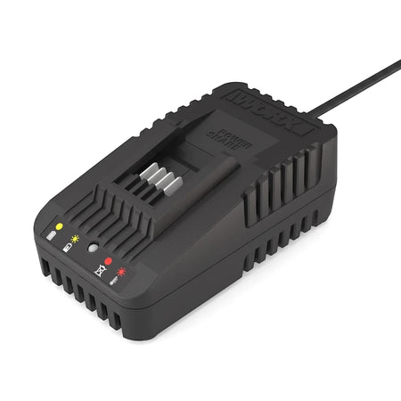 Black WORX 20V Powershare cordless battery charger for power tools, featuring indicator lights and a power cord.