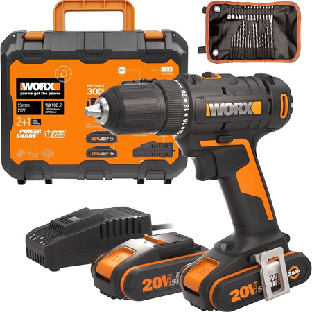 A black and orange WORX 20V Powershare cordless drill kit with two batteries, charger, hard case, and drill bit set.