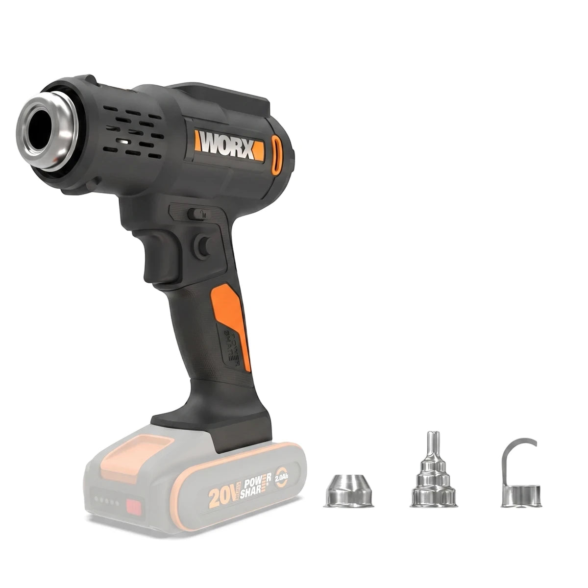 Worx 20V Powershare Cordless Heat Gun 3-Piece Kit, black and orange with three metal nozzles.