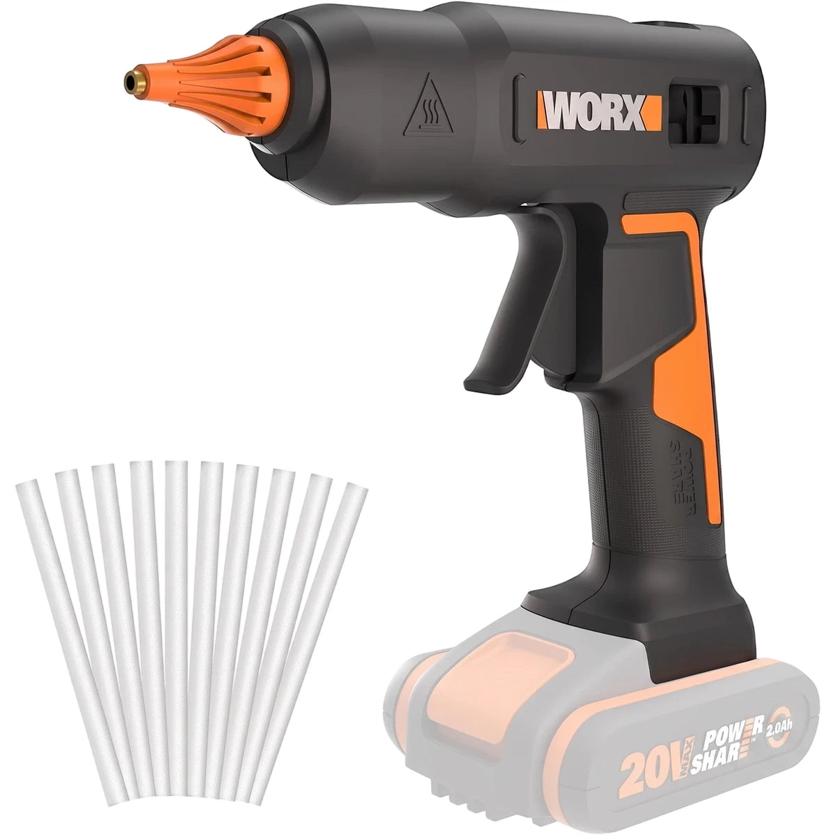 A black and orange WORX 20V Powershare cordless hot melt glue gun with a battery pack and a fan of white glue sticks.