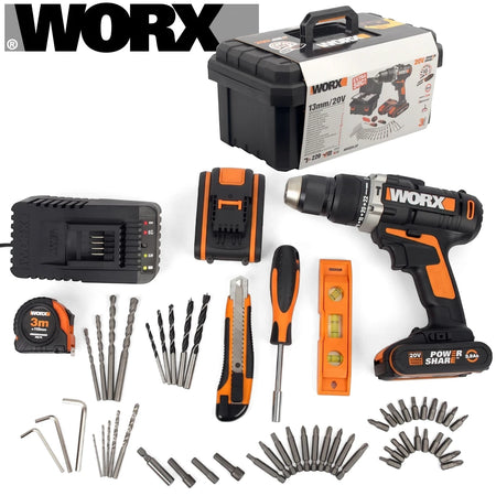 WORX 20V Powershare cordless impact drill and 50-piece accessory kit with charger, battery, and various tools.