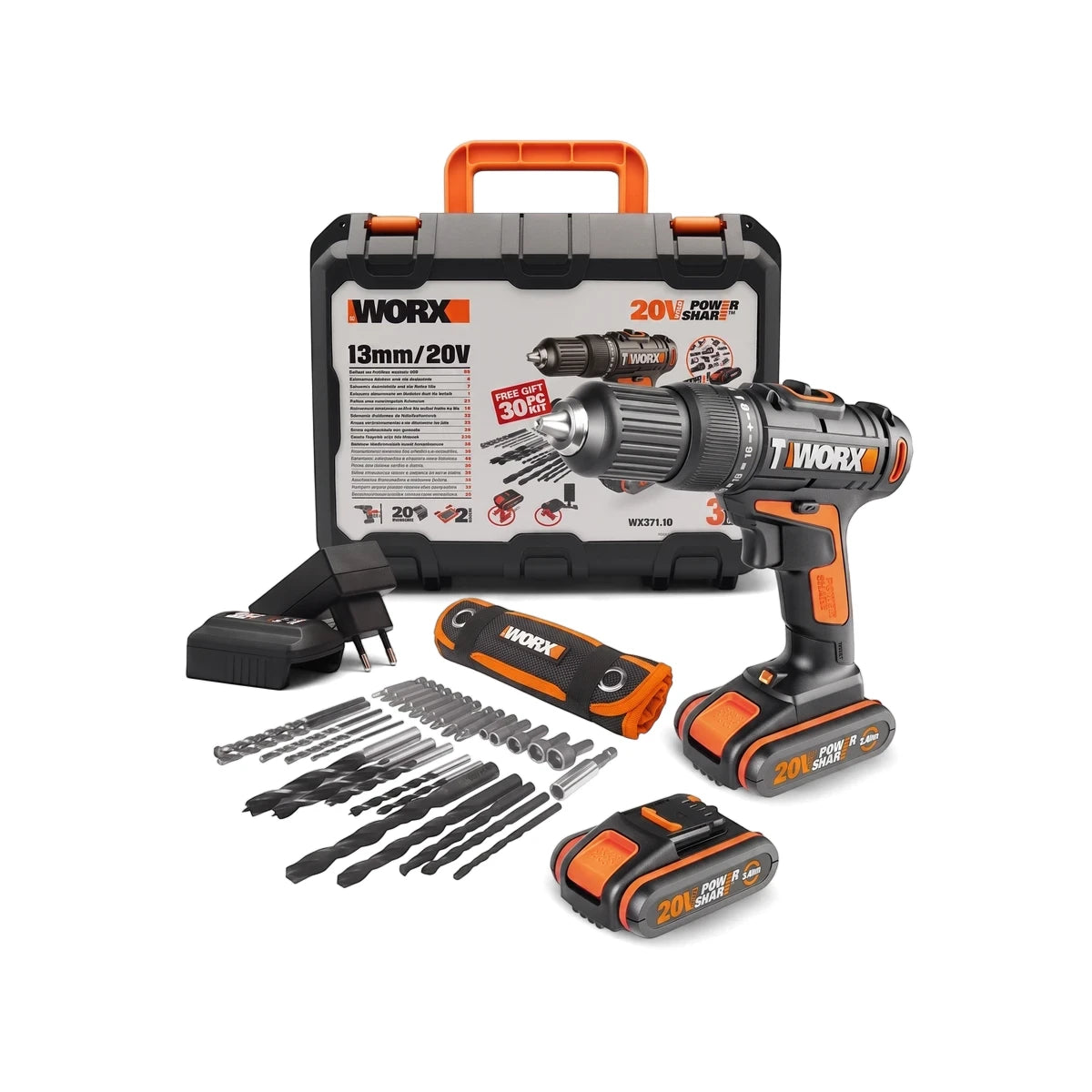 Black and orange Worx 20V Powershare cordless impact drill kit, including two batteries, charger, drill bits, and carrying