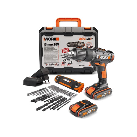 Black and orange Worx 20V Powershare cordless impact drill kit, including two batteries, charger, drill bits, and carrying