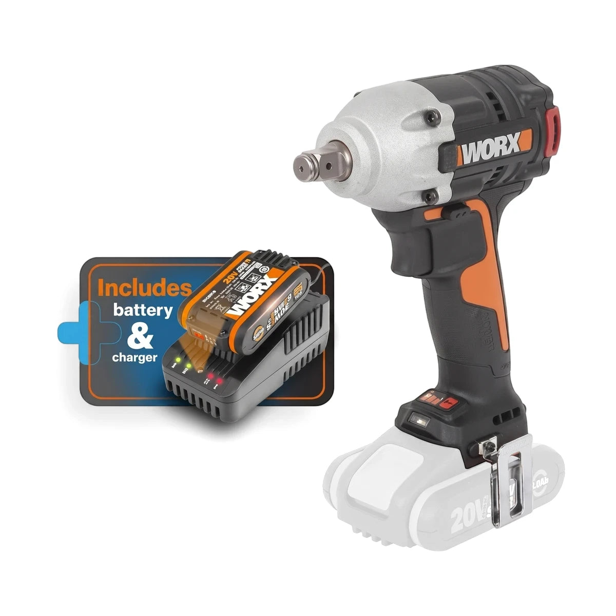 Worx 20V Powershare Cordless Impact Wrench Kit (300Nm) in black, orange, and silver, with battery and charger.
