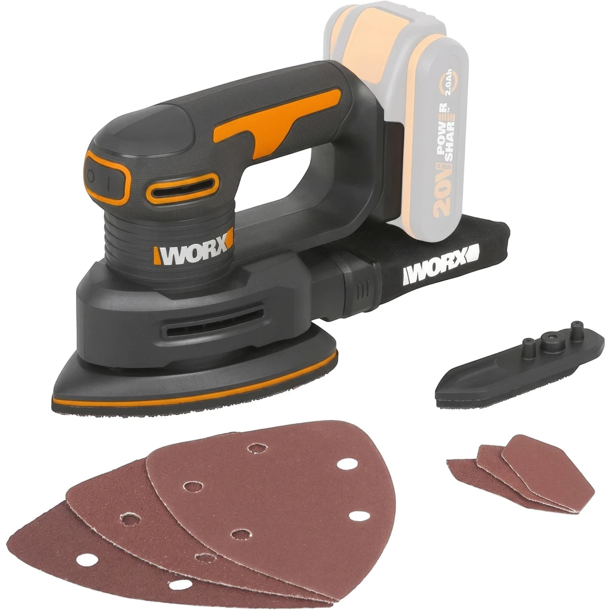 Black and orange Worx 20V Powershare Cordless Palm Detail Mouse Sander with battery, extra attachment, and sanding pads.