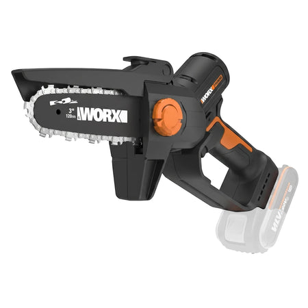 A black and orange 20V Powershare cordless pruning saw with a 15cm blade, shown from a side angle.