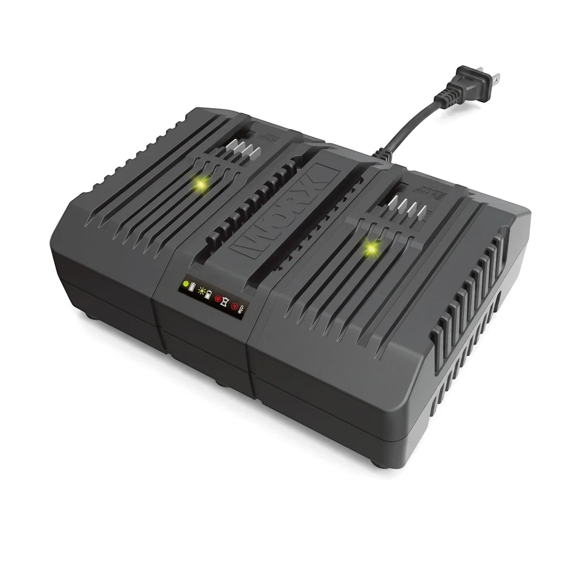Dark gray WORX 20V Powershare Dual Fast Battery Charger (4A) with two slots and indicator lights for power tools.