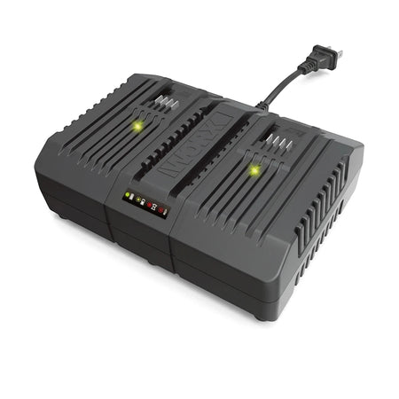 Dark gray WORX 20V Powershare Dual Fast Battery Charger (4A) with two slots and indicator lights for power tools.