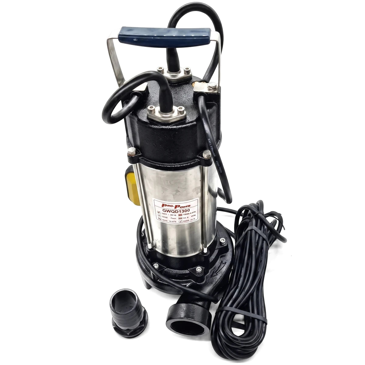Wqd13-9 submersible sewerage pump, black and silver with a long power cord and separate hose adapter fitting.