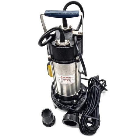 Wqd13-9 submersible sewerage pump, black and silver with a long power cord and separate hose adapter fitting.