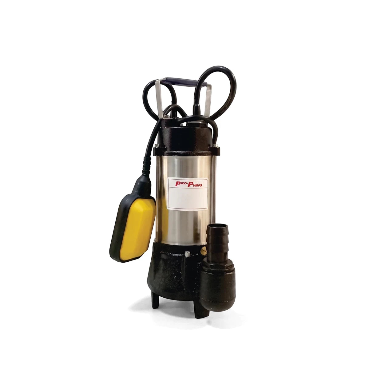 Wqd13-9 Submersible Sewerage Pump with a metallic silver body, black base, and yellow float switch, shown from a side view.