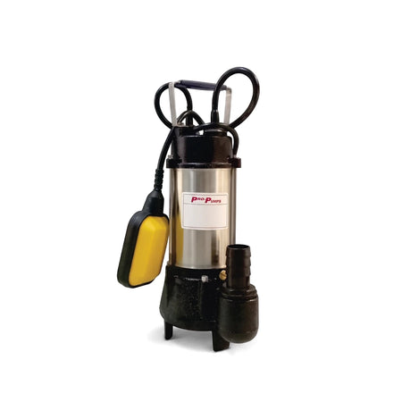 Wqd15-10 submersible sewerage pump with a silver body, black base, and yellow float switch, shown upright.