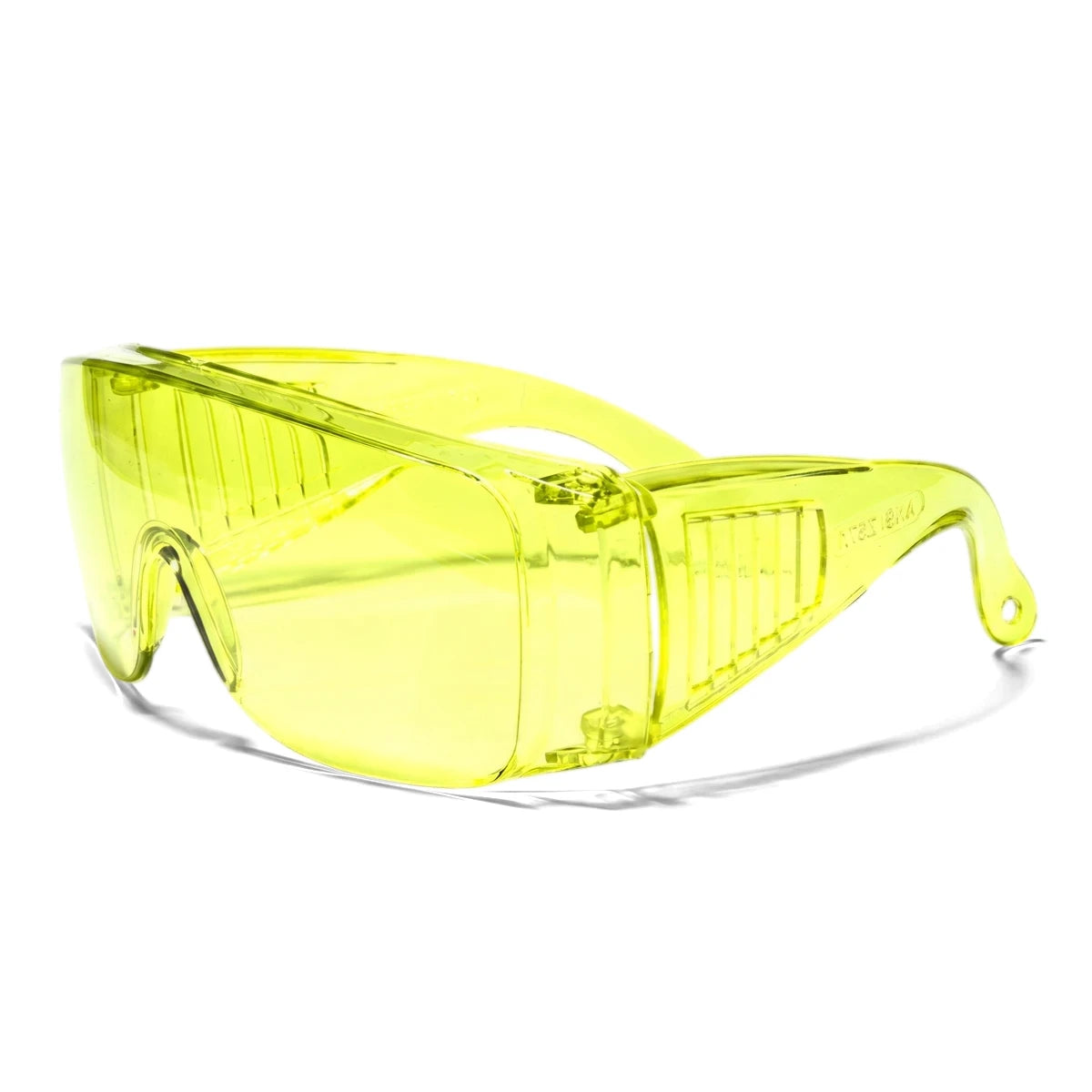 Bright yellow transparent plastic wrap-around safety glasses, shown from an angled perspective, offering eye protection.