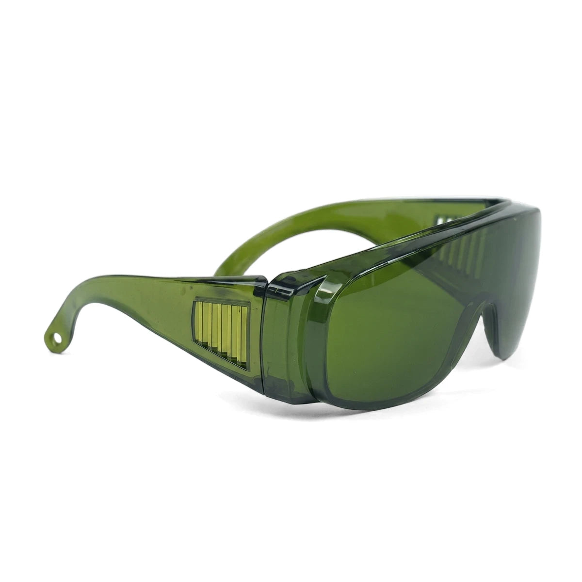 Wrap Around Spectacle Green Safety Glasses with translucent green lenses and side vents, shown from a slightly angled view.