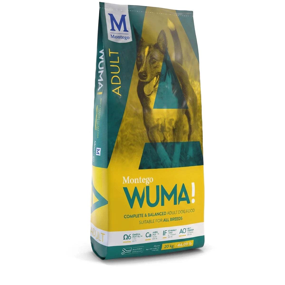 Large teal and yellow bag of Montego Wuma! Adult Complete & Balanced Dog Food for all breeds, featuring a dog on the front.