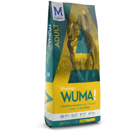 Large teal and yellow bag of Montego Wuma! Adult Complete & Balanced Dog Food for all breeds, featuring a dog on the front.