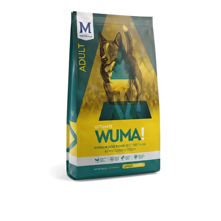 Wuma! Adult Dog Food in a tall green and yellow bag, with a dog silhouette logo, standing upright.