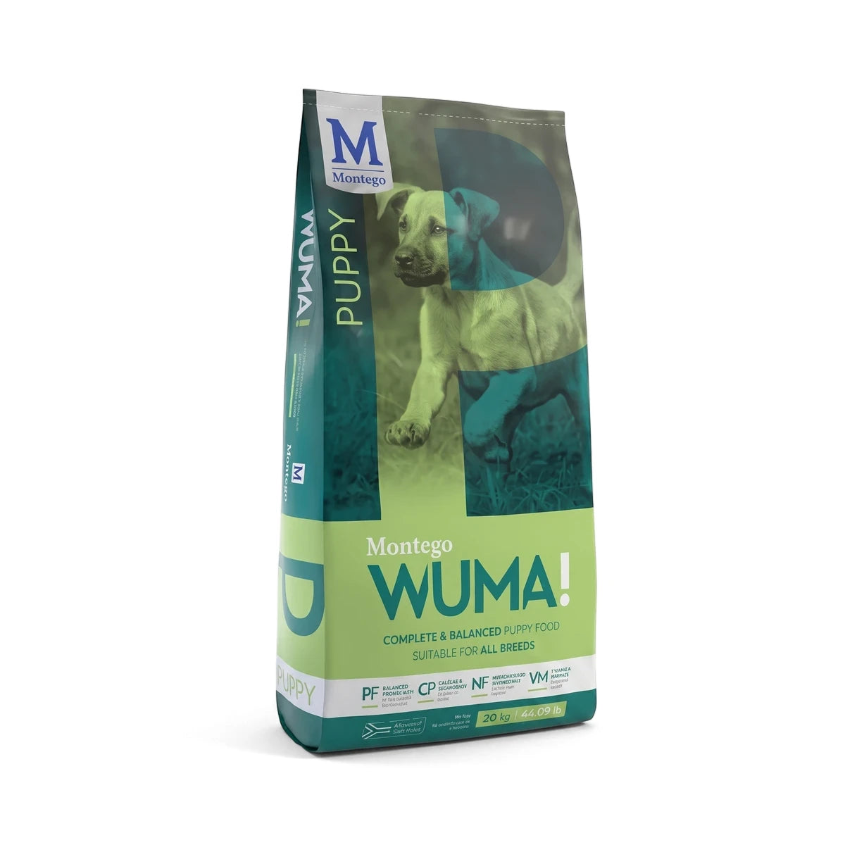 Wuma! Puppy complete and balanced dog food in a green, blue, and white 20kg bag with a puppy graphic.