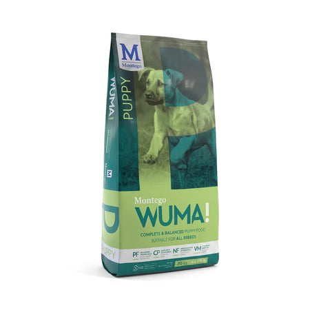 Wuma! Puppy complete and balanced dog food in a green, blue, and white 20kg bag with a puppy graphic.