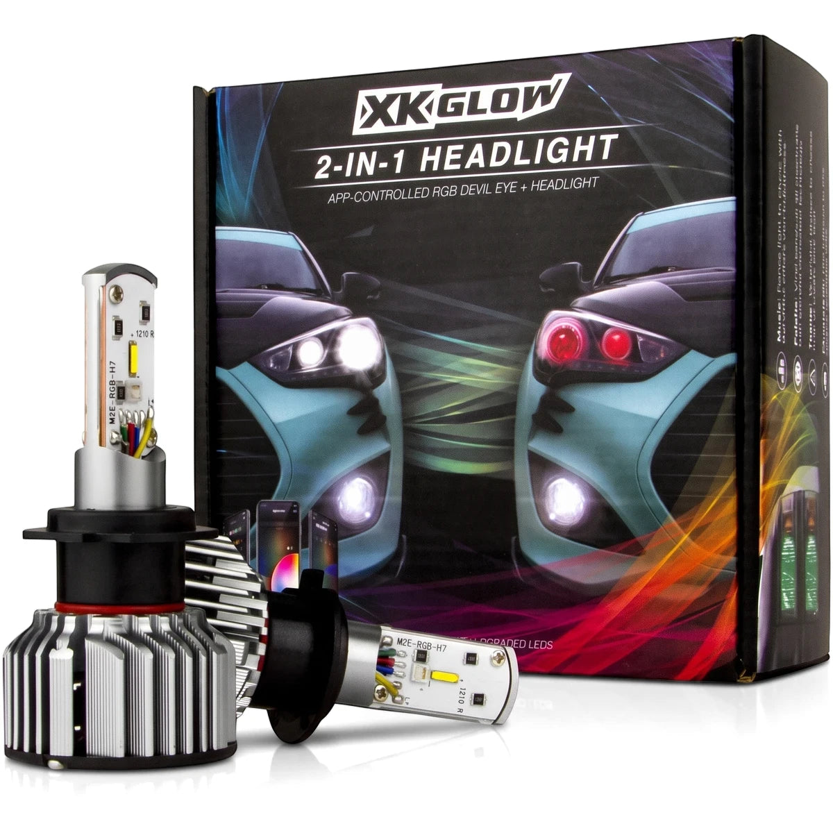 XKGLOW 2-in-1 LED headlight bulbs and their black retail box, featuring app-controlled RGB devil eye and standard headlight