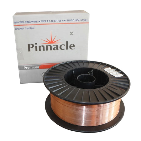 Xtraweld 2 Er70S-6 0.8mm 15Kg MIG welding wire on a black spool with a white Pinnacle brand box, ready for industrial use.