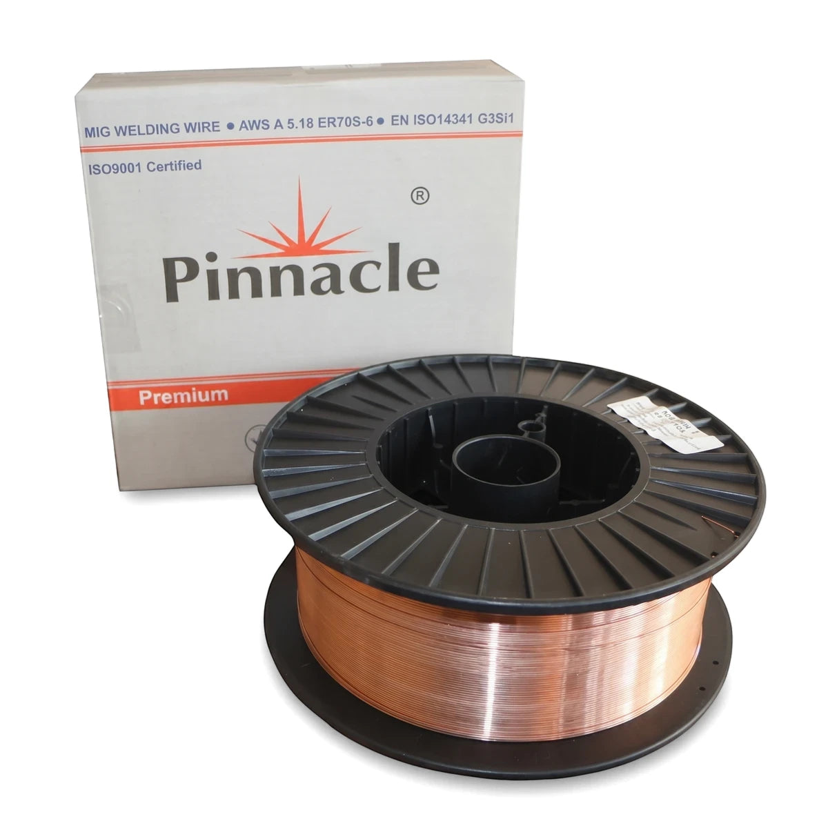 Xtraweld 2 Er70S-6 1.6mm 15Kg MIG welding wire on a black spool with its white and red 'Pinnacle' brand box, studio shot.
