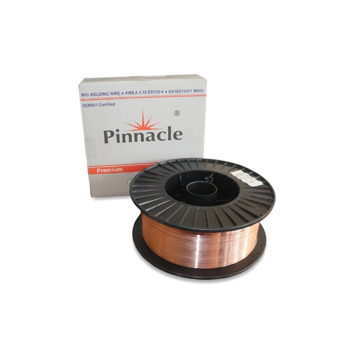 Xtraweld 2 Er70S-6 1.2mm 15Kg MIG welding wire on a black spool with its Pinnacle brand box.