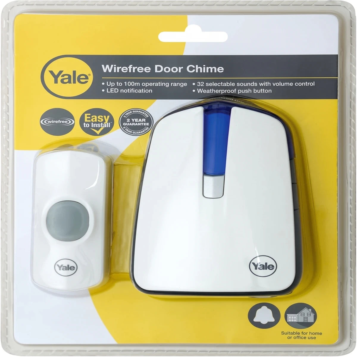 Yale Wirefree Door Chime in white, packaged in clear plastic on a yellow and gray card, offering easy installation for home