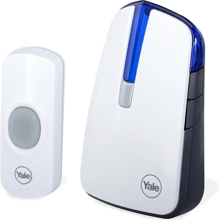 White Yale wirefree doorbell system, featuring the push button unit with a grey button and the chime unit with blue light