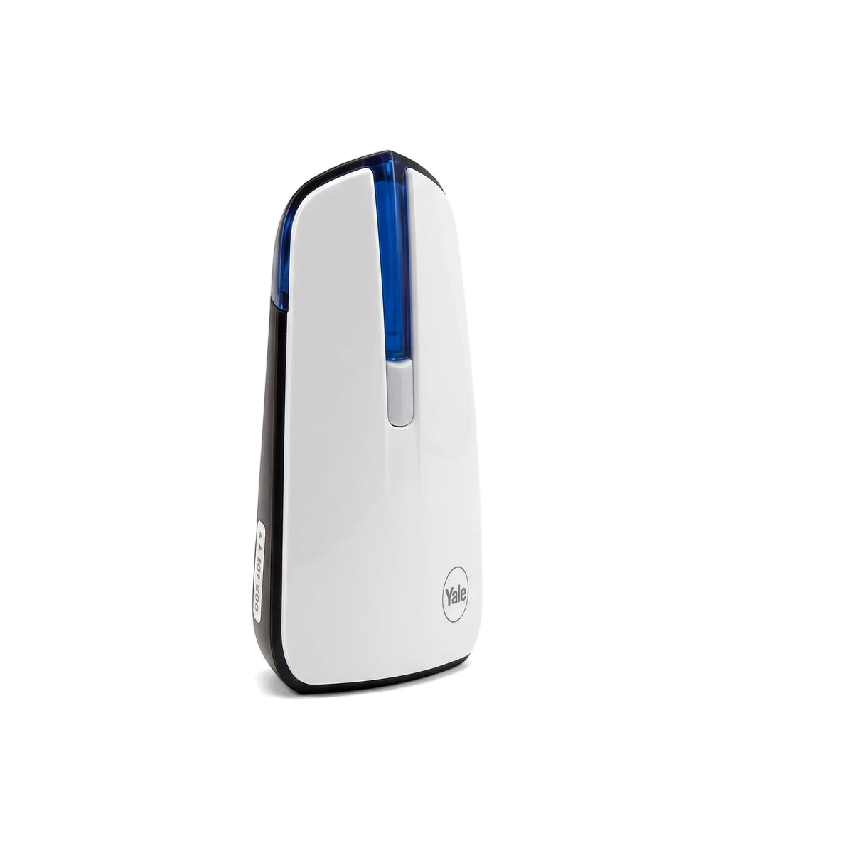 A white and black Yale Wirefree Doorbell Door Chime with a blue transparent section, standing upright on a white surface.