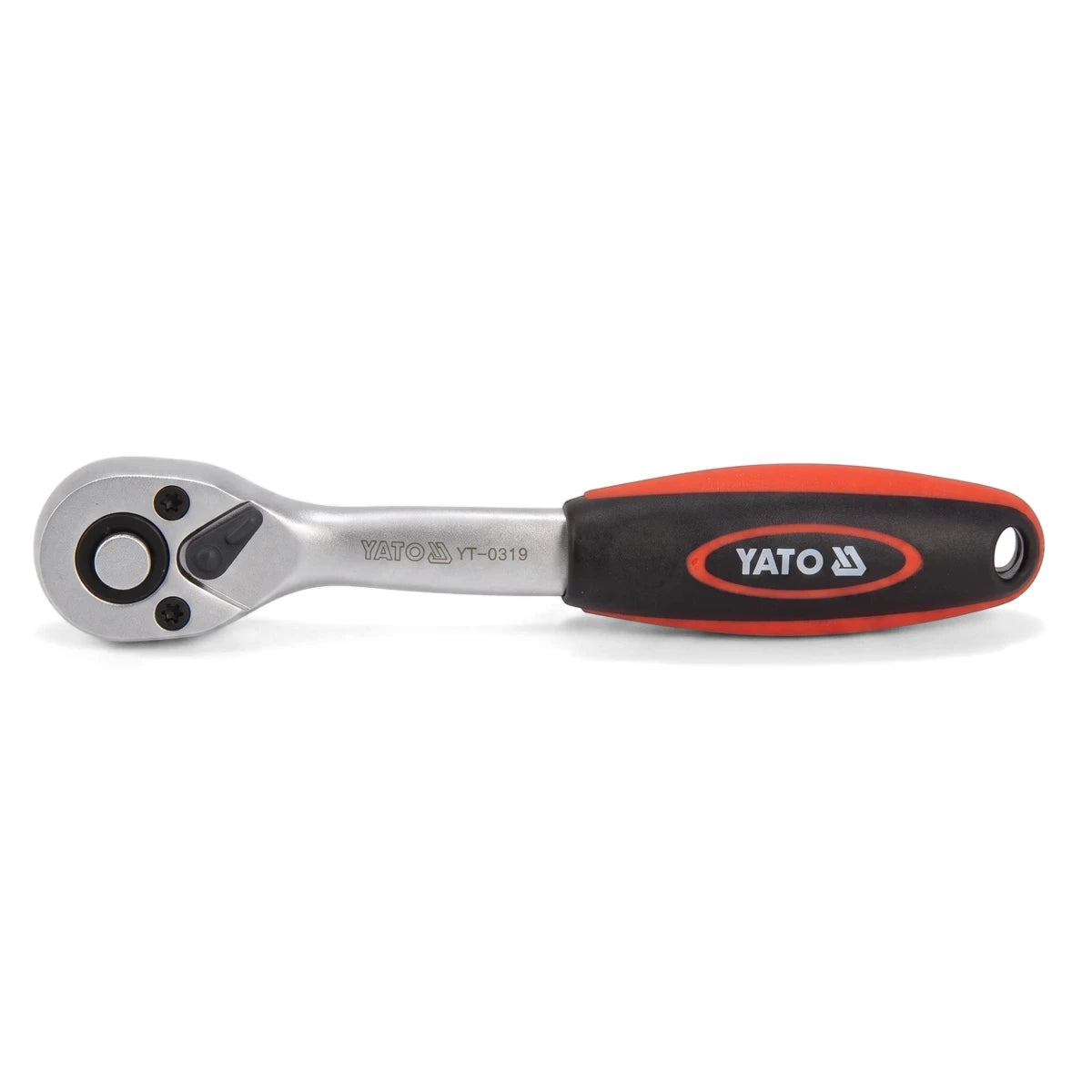 A silver YATO 1/4-inch drive quick-release ratchet with a red and black ergonomic handle, displayed horizontally on a white