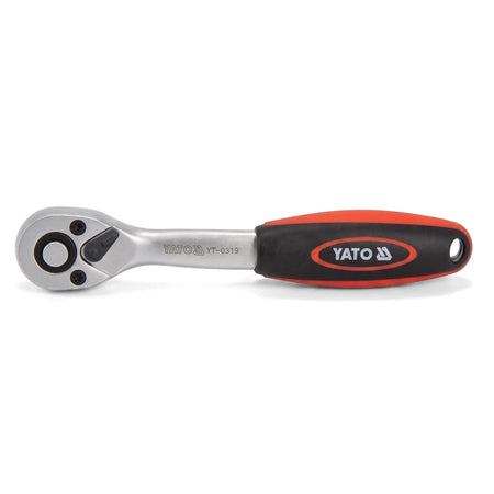 A silver YATO 1/4-inch drive quick-release ratchet with a red and black ergonomic handle, displayed horizontally on a white