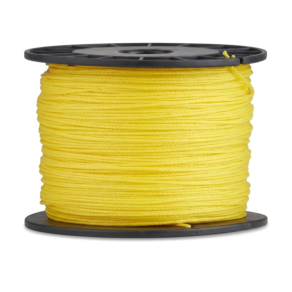 A full spool of bright yellow 1.0mm Builders Line, 90lb test, 100m length, tightly wound on a black spool.