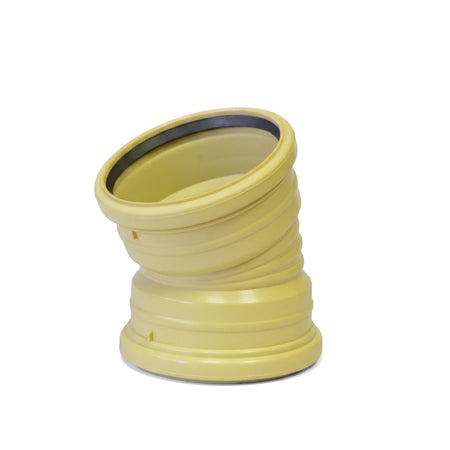 Yellow 110mm x 22.5-degree plastic underground plain bend for drainage systems, showcasing its ribbed structure and gasket.