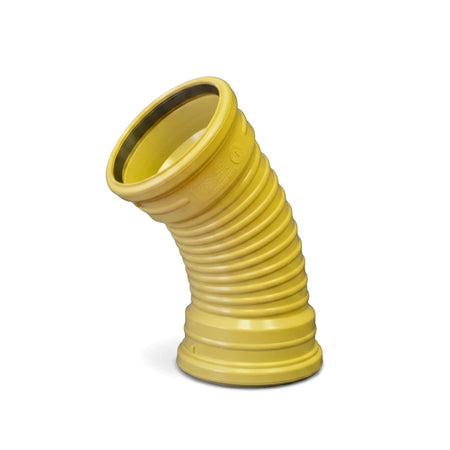 Bright yellow 110mm by 45-degree ribbed underground plain bend pipe fitting, shown angled on a clean white background.