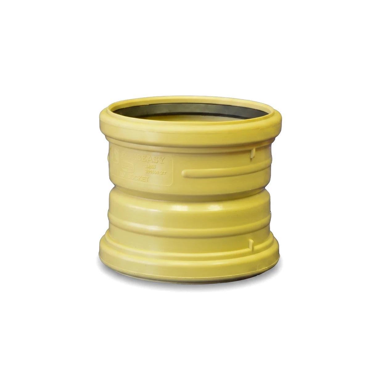 Yellow 110mm underground universal junction for drainage, front-side view, showing ribbed design and black seal.