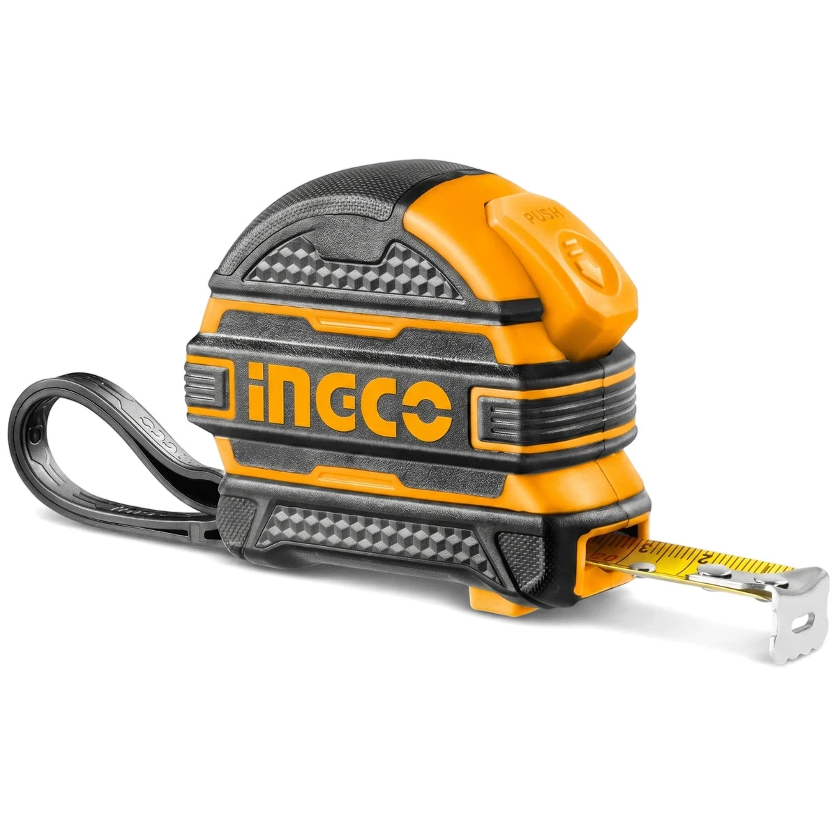 Yellow and black Ingco Rubber Case Wide Blade Tape Measure, 3M x 16mm, viewed from a side angle. Essential tool for precise