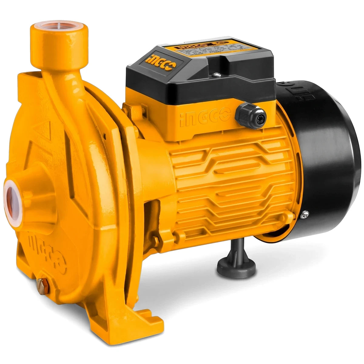 Yellow and black Ingco water pump, 370W, 80L/Min, shown from a slightly elevated side view.