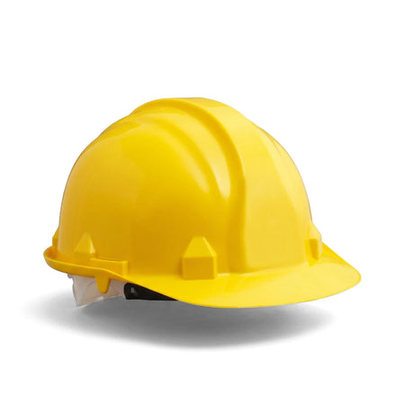 Yellow hard plastic protective safety hat, side view, for construction or industrial safety.