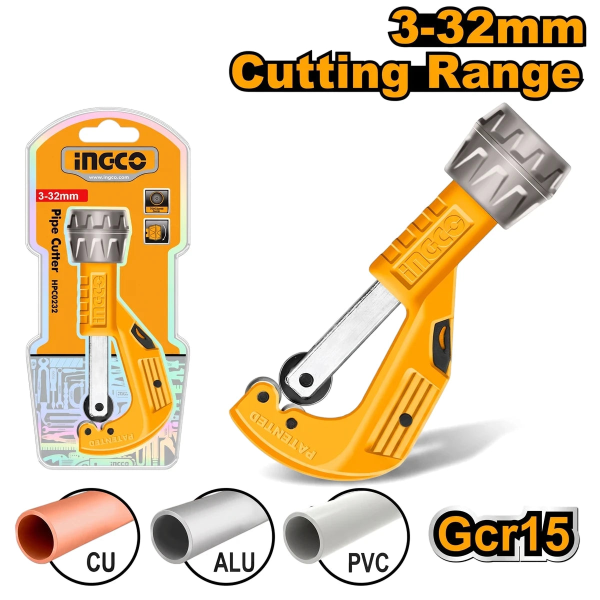 Yellow Ingco 3-32mm pipe cutter for copper, aluminum, and PVC pipes, shown with its packaging and pipe examples.