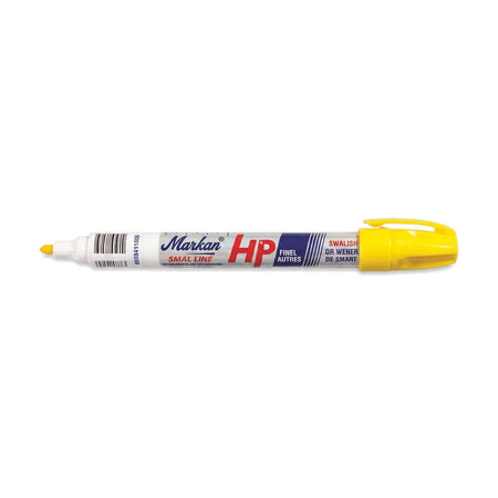 Yellow permanent marker with a fine tip and visible branding, displayed horizontally against a white background.