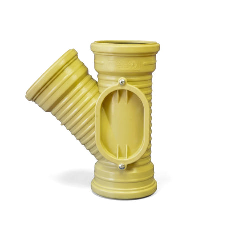Yellow 110mm x 90-degree plastic underground plain junction pipe fitting with an oval access panel for drainage systems.
